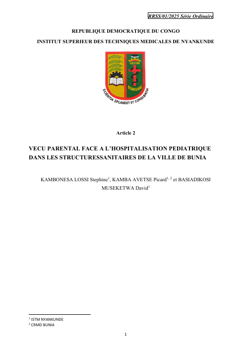 Illustration de Vécu parental face à l’hospitalisation pédiatrique dans les structures sanitaires de la ville de Bunia