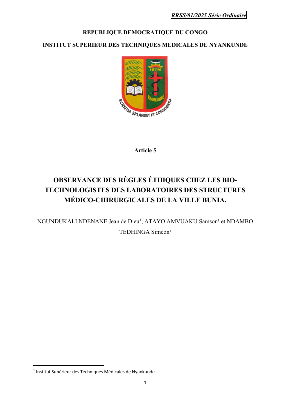 Illustration de Observance des règles éthiques chez les bio-technologistes des laboratoires des structures médico-chirurgicales de la ville Bunia.